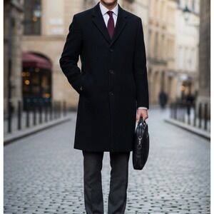 Jos. A. Bank Overcoat Men's 46L Black Wool Cashmere Blend Long Top Coat